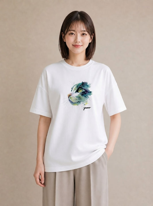 グラフィックTシャツ レディース アメリカンショートヘア 猫 ねこ イラスト ポップ カジュアルコーデ 買い物 白T YMAZO