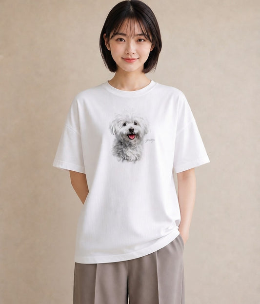 半袖Tシャツ レディース ビションフリーゼ 犬 いぬ イラスト ニュアンス 公園 ママ 白T YMAZO