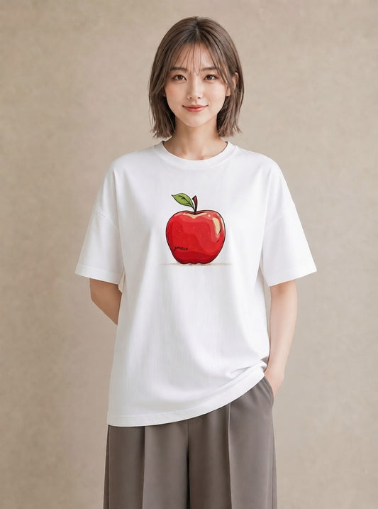半袖Tシャツ レディース りんご 林檎 アップル 食べ物 フード イラスト きれいめ 夏コーデ 通学 白T YMAZO
