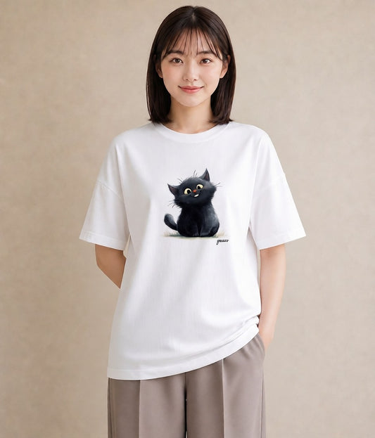 半袖Tシャツ レディース 黒猫 猫 ねこ イラスト アート風 普段着 週末コーデ 白T YMAZO