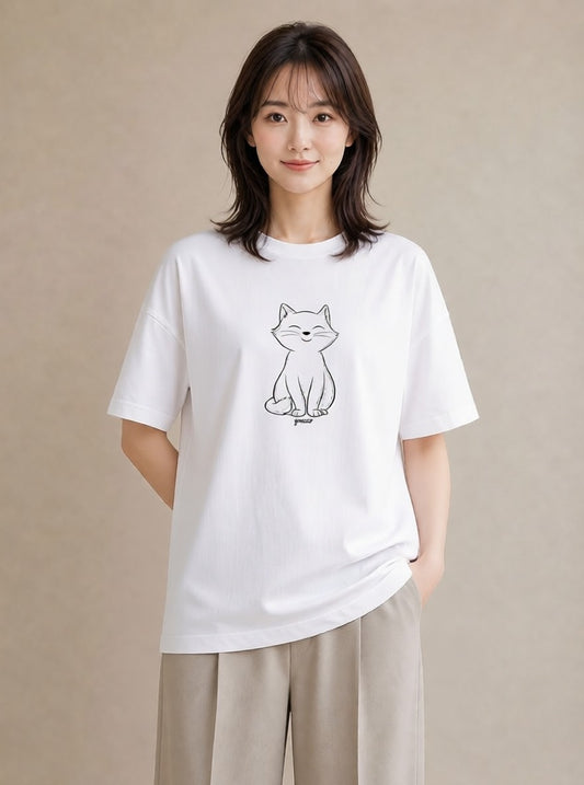 Tシャツ レディース 猫 ねこ ネコ イラスト ゆるコーデ 夏コーデ 通学 白T YMAZO