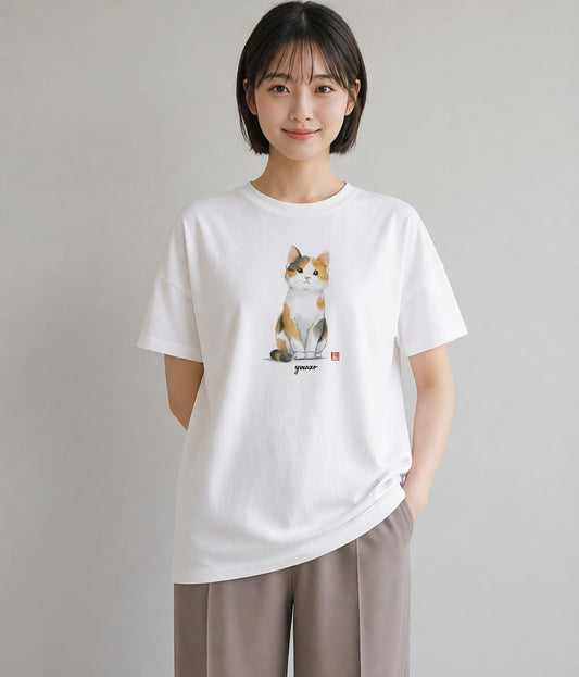 デザインTシャツ レディース ハチワレ 白黒猫 猫 ねこ イラスト カフェ服 クリスマス 白T YMAZO
