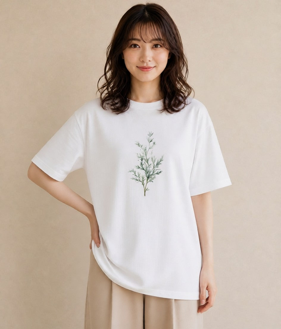 グラフィックTシャツ レディース ハーブ 植物 ボタニカル イラスト 線画 休日 ペアコーデ 白T YMAZO