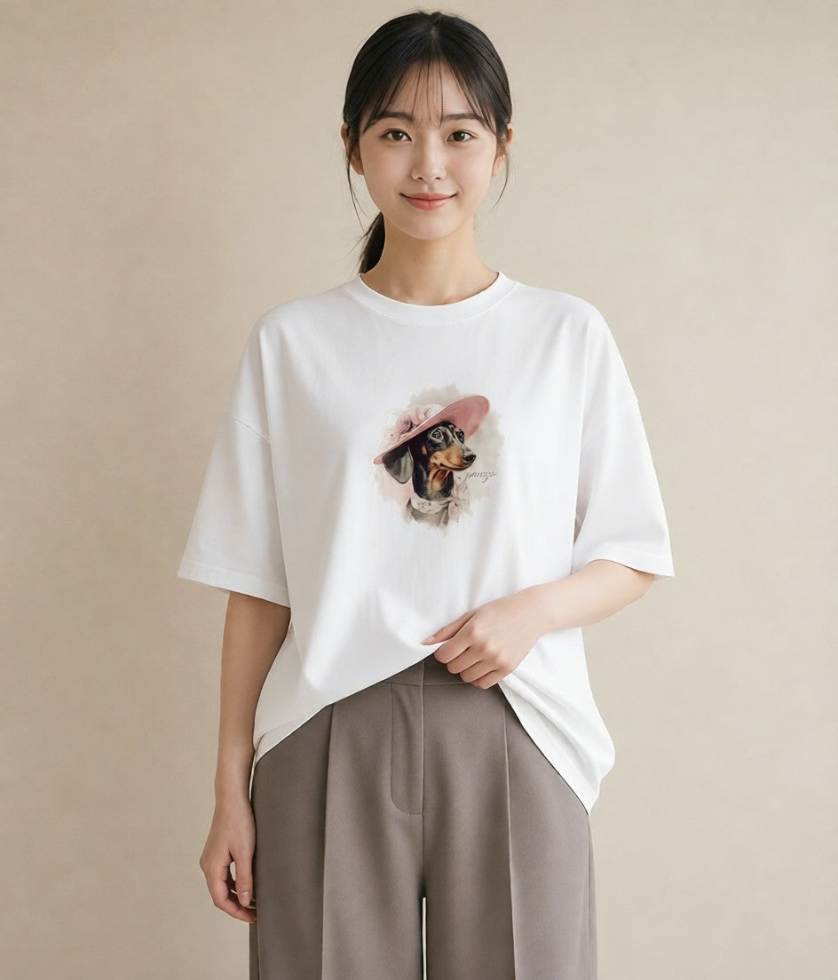 半袖Tシャツ レディース ミニチュアダックスフンド 犬 いぬ イラスト シック 夏コーデ 通学 白T YMAZO