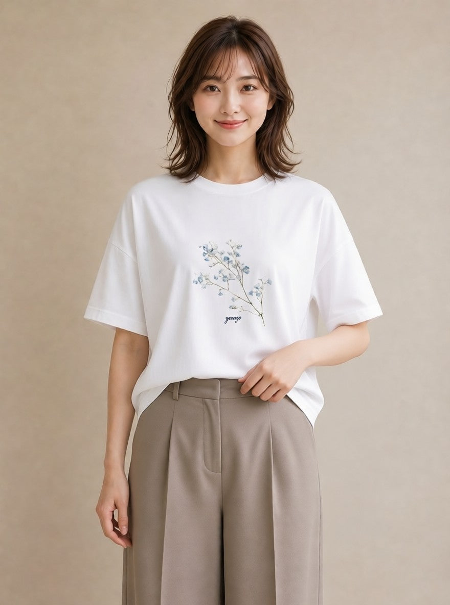 デザインTシャツ レディース カスミソウ かすみ草 花 花柄 イラスト 海 カフェ巡り 白T YMAZO