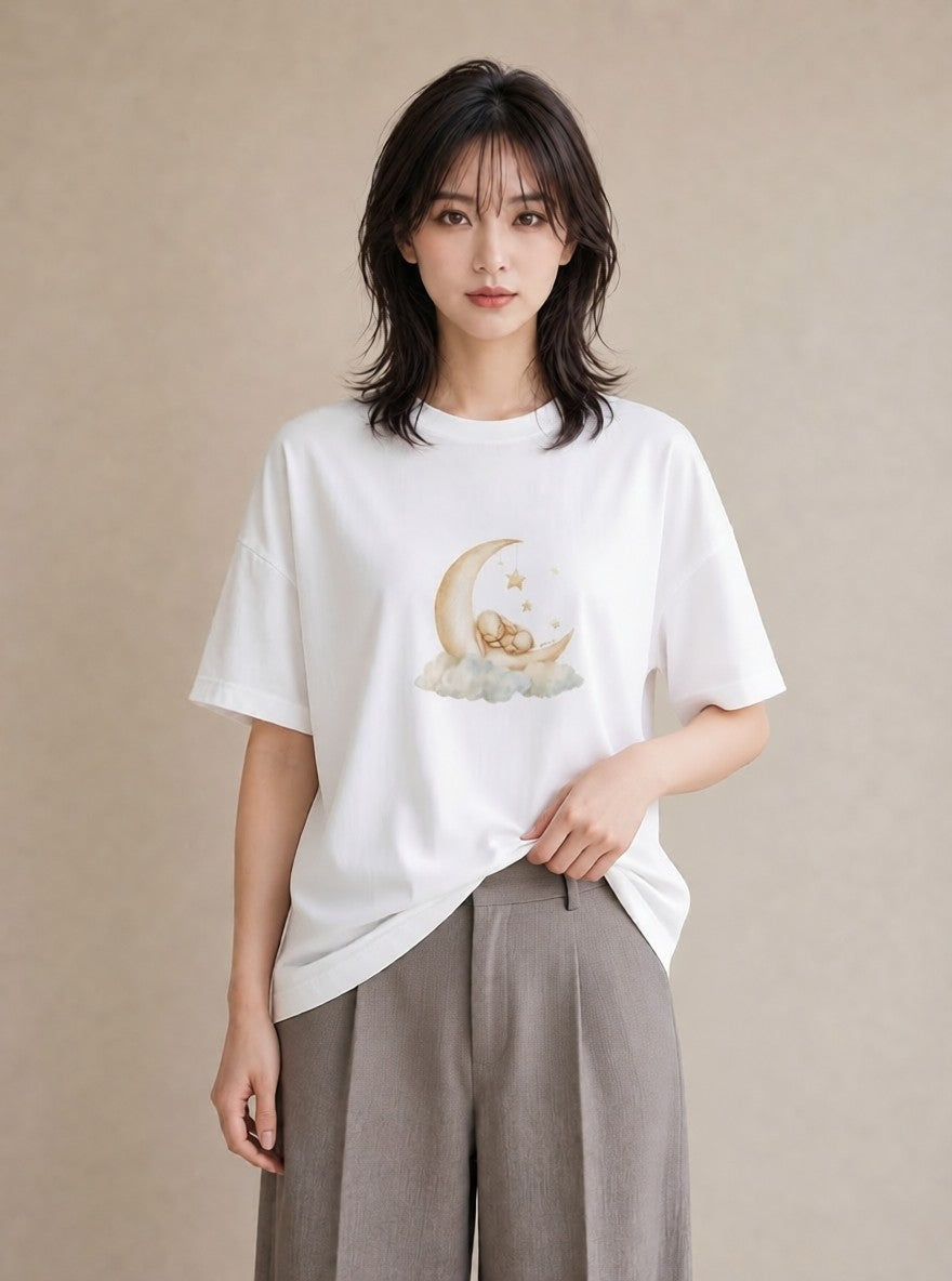 グラフィックTシャツ レディース 月 星空 宇宙 イラスト シック 帰省 ラフ 白T YMAZO