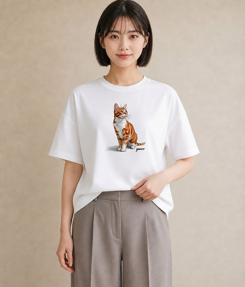 プリントTシャツ レディース おすわり猫 猫 ねこ イラスト モード 送別ギフト 通勤 白T YMAZO