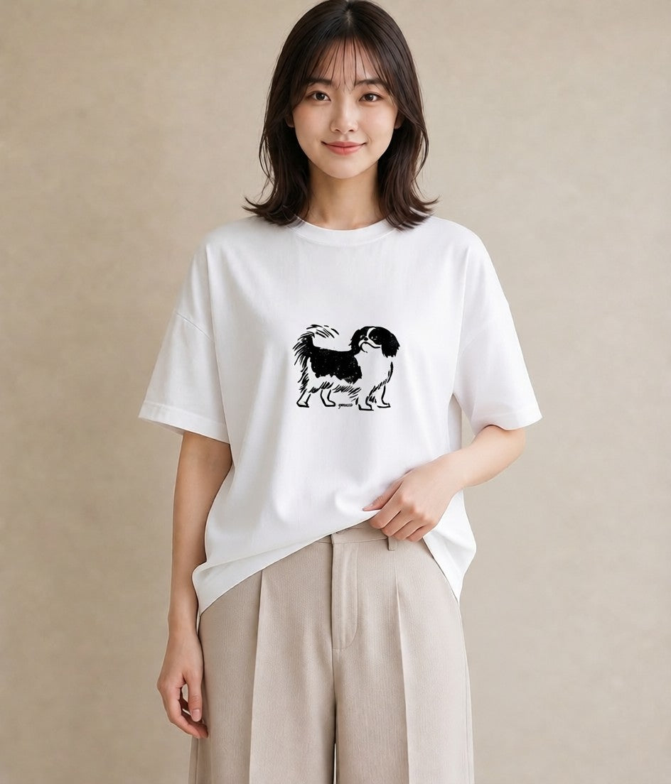Tシャツ レディース 狆 犬 いぬ イラスト ナチュラル 普段着 週末コーデ 白T YMAZO