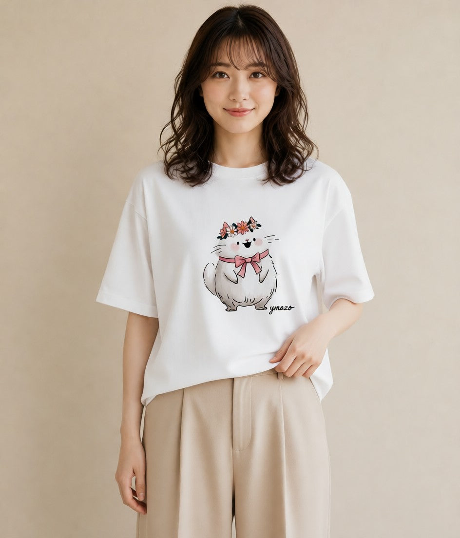 デザインTシャツ レディース 白猫 猫 ねこ イラスト レトロ カフェ巡り 女子会 白T YMAZO