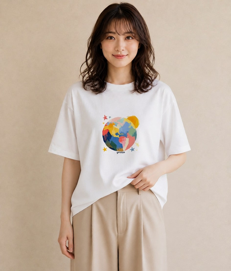 デザインTシャツ レディース 地球 星空 宇宙 イラスト 水彩風 女性 旅行用 白T YMAZO