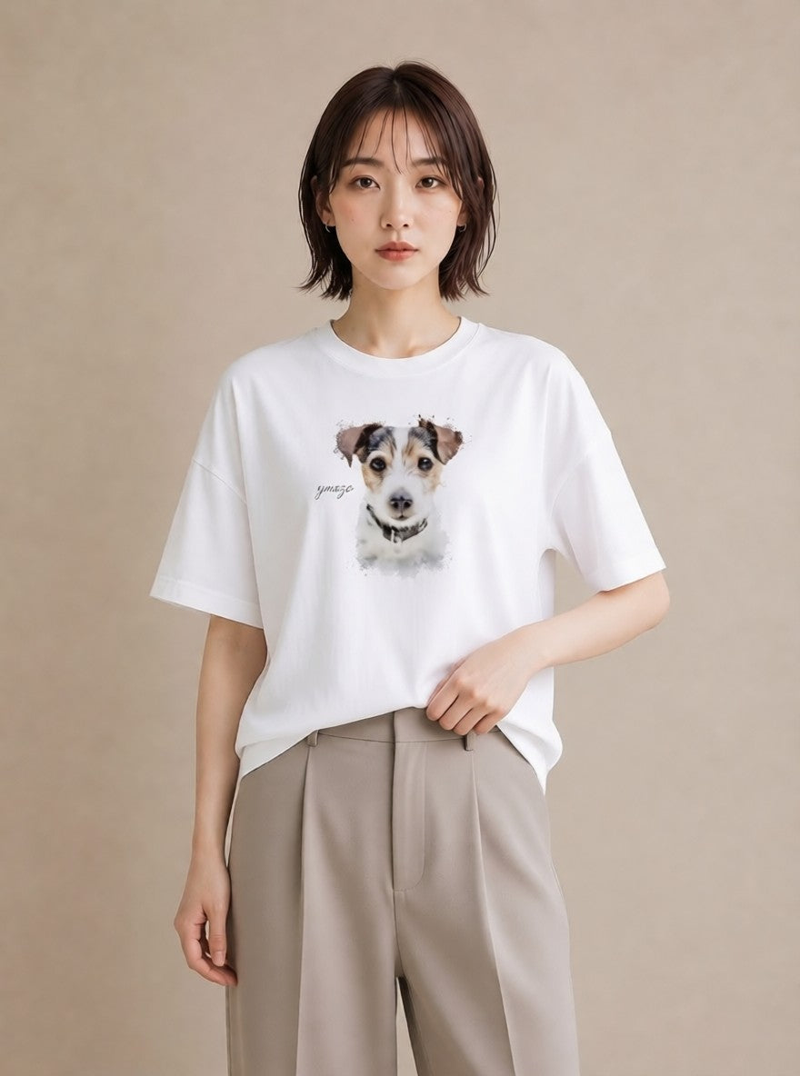 デザインTシャツ レディース ジャックラッセルテリア 犬 いぬ イラスト シック 帰省 ラフ 白T YMAZO