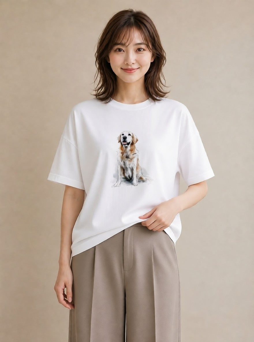 プリントTシャツ レディース ゴールデンレトリバー ゴールデン 犬 いぬ イラスト ガーリー 親子 20代 白T YMAZO