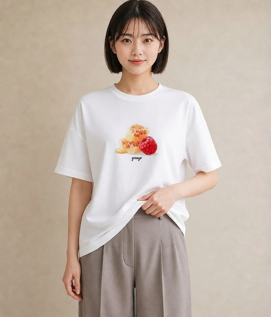 プリントTシャツ レディース はちみつ 食べ物 フード イラスト 抜け感 社会人 女性 白T YMAZO