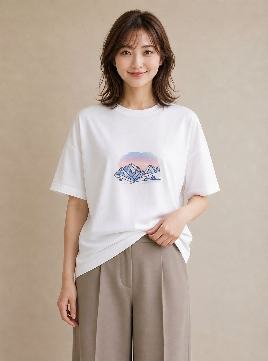 半袖Tシャツ レディース オーロラ 星空 宇宙 イラスト 個性的 春服 ミセス 白T YMAZO
