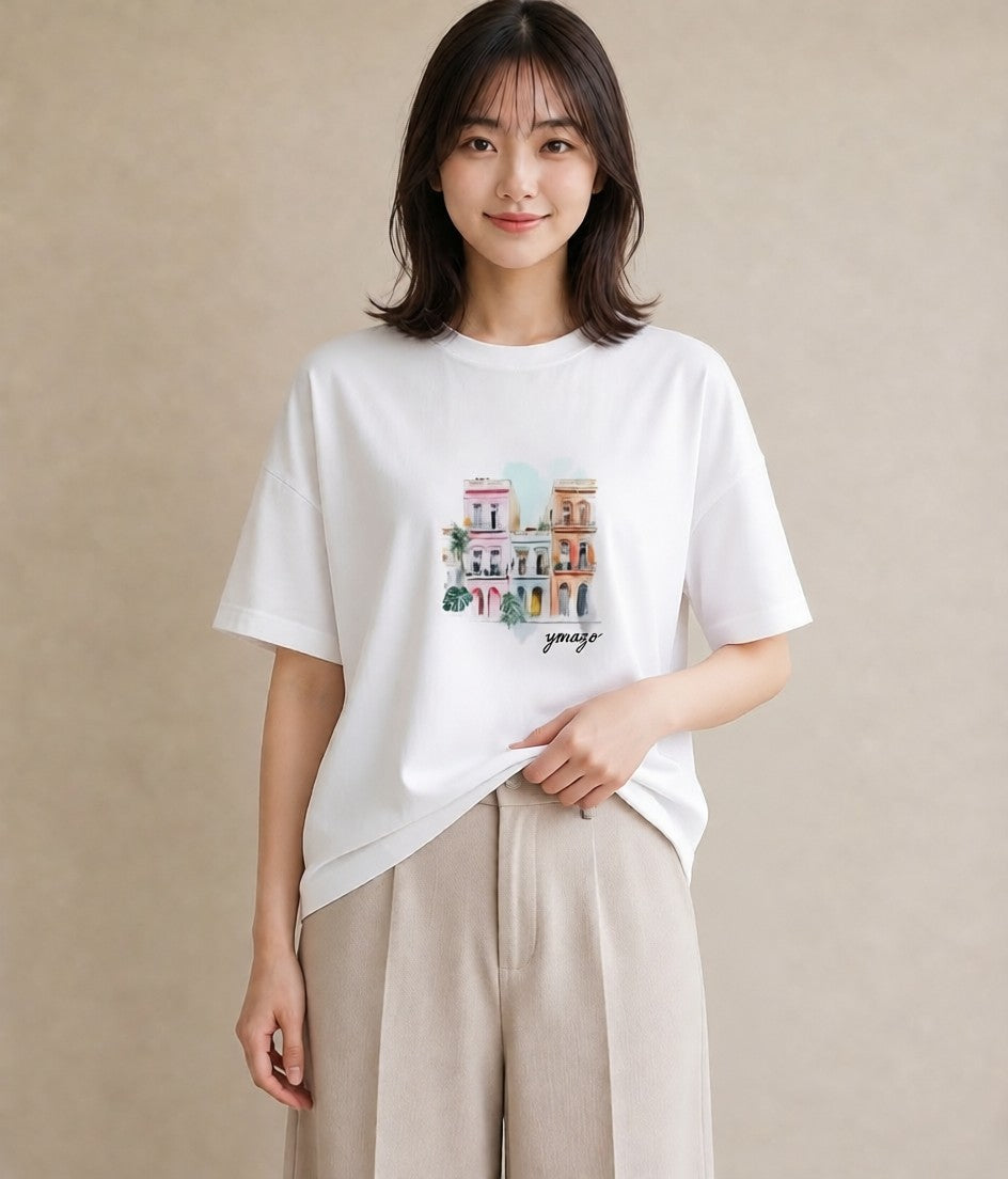 グラフィックTシャツ レディース 夕暮れ バルコニー 夕焼け ナチュラル アンティーク イラスト 上品 女子会 お揃い 白T YMAZO