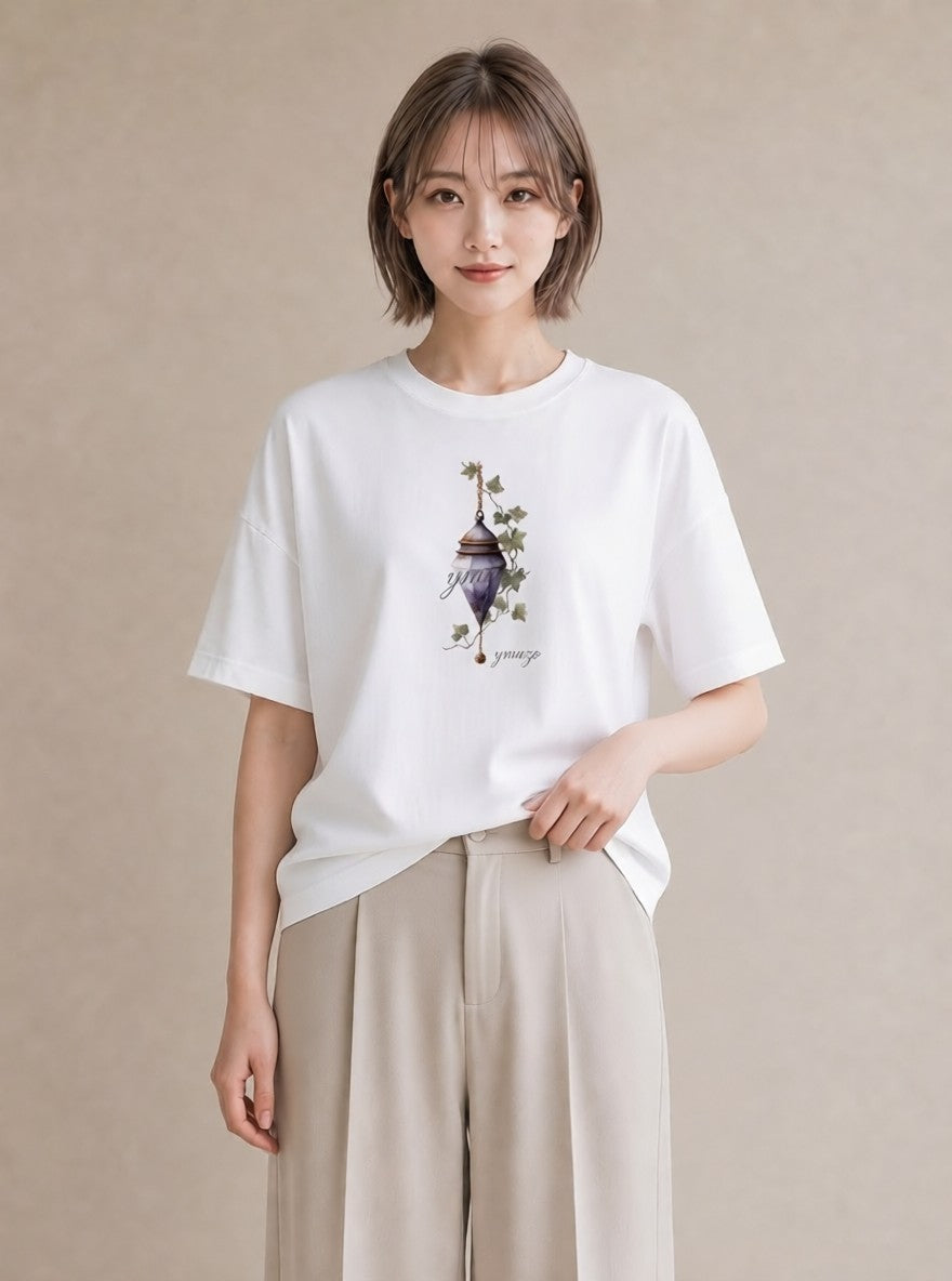 Tシャツ レディース 街灯 夜霧 夜 ナチュラル アンティーク イラスト ヴィンテージ風 親子 20代 白T YMAZO