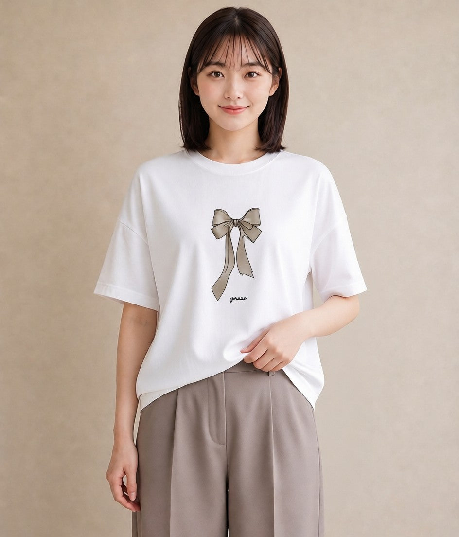プリントTシャツ レディース リボン ボウ りぼん イラスト モード ホワイトデー 春服 白T YMAZO