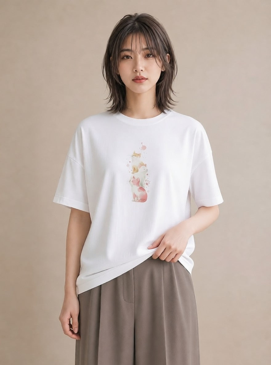 Tシャツ レディース 肉球 猫 ねこ イラスト ゆるコーデ ママ カフェ服 白T YMAZO