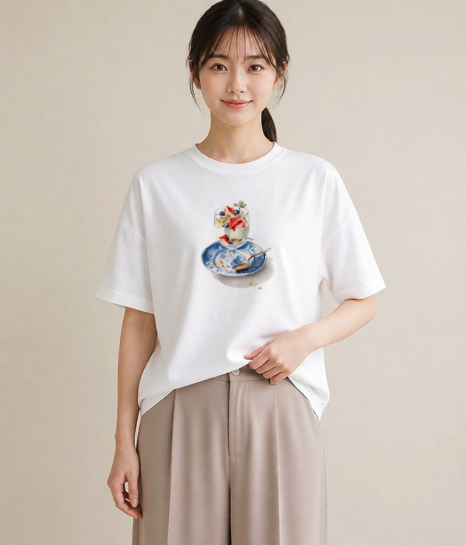 プリントTシャツ レディース パフェ 食べ物 フード イラスト 可愛い 敬老の日 ホワイトデー 白T YMAZO