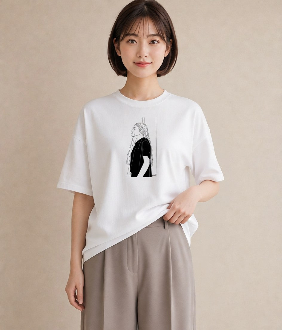 Tシャツ レディース 女の子 ガール 後ろ姿 イラスト ラフ 散歩 お出かけ 白T YMAZO