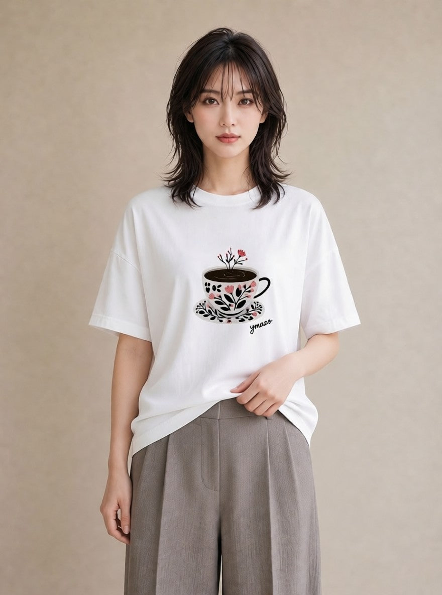 Tシャツ レディース 紅茶 食べ物 フード イラスト ラフカジュアル 公園 ママ 白T YMAZO