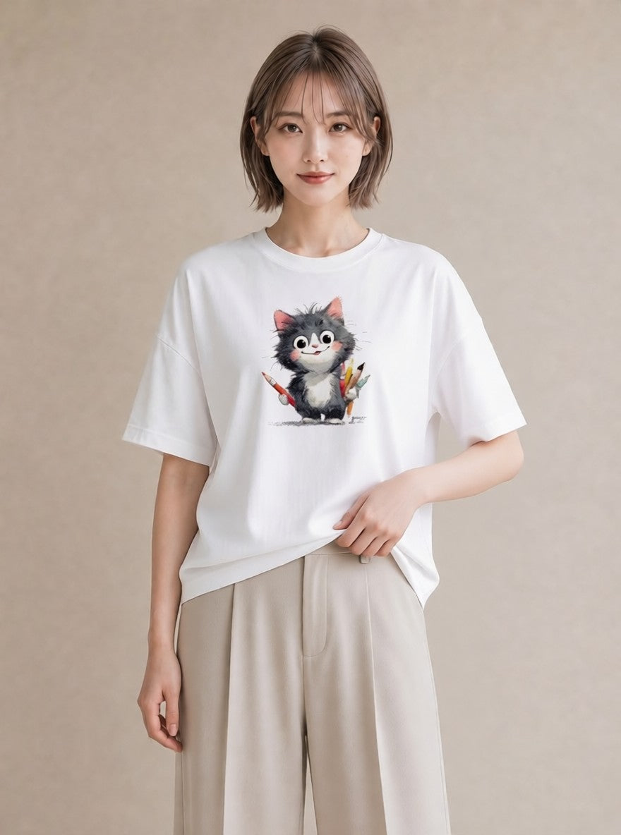 プリントTシャツ レディース ハチワレ 白黒猫 猫 ねこ イラスト 水彩風 旅行用 海 白T YMAZO