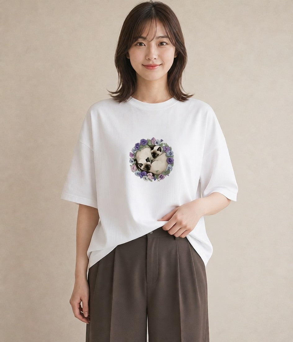 Tシャツ レディース シャム柄 猫 ねこ イラスト ユニーク 女子会 お揃い 白T YMAZO