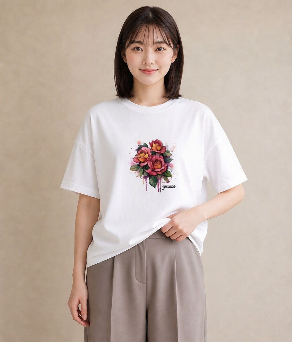 プリントTシャツ レディース バラ 薔薇 ローズ 花 花柄 イラスト 普段使い お出かけ 普段着 白T YMAZO