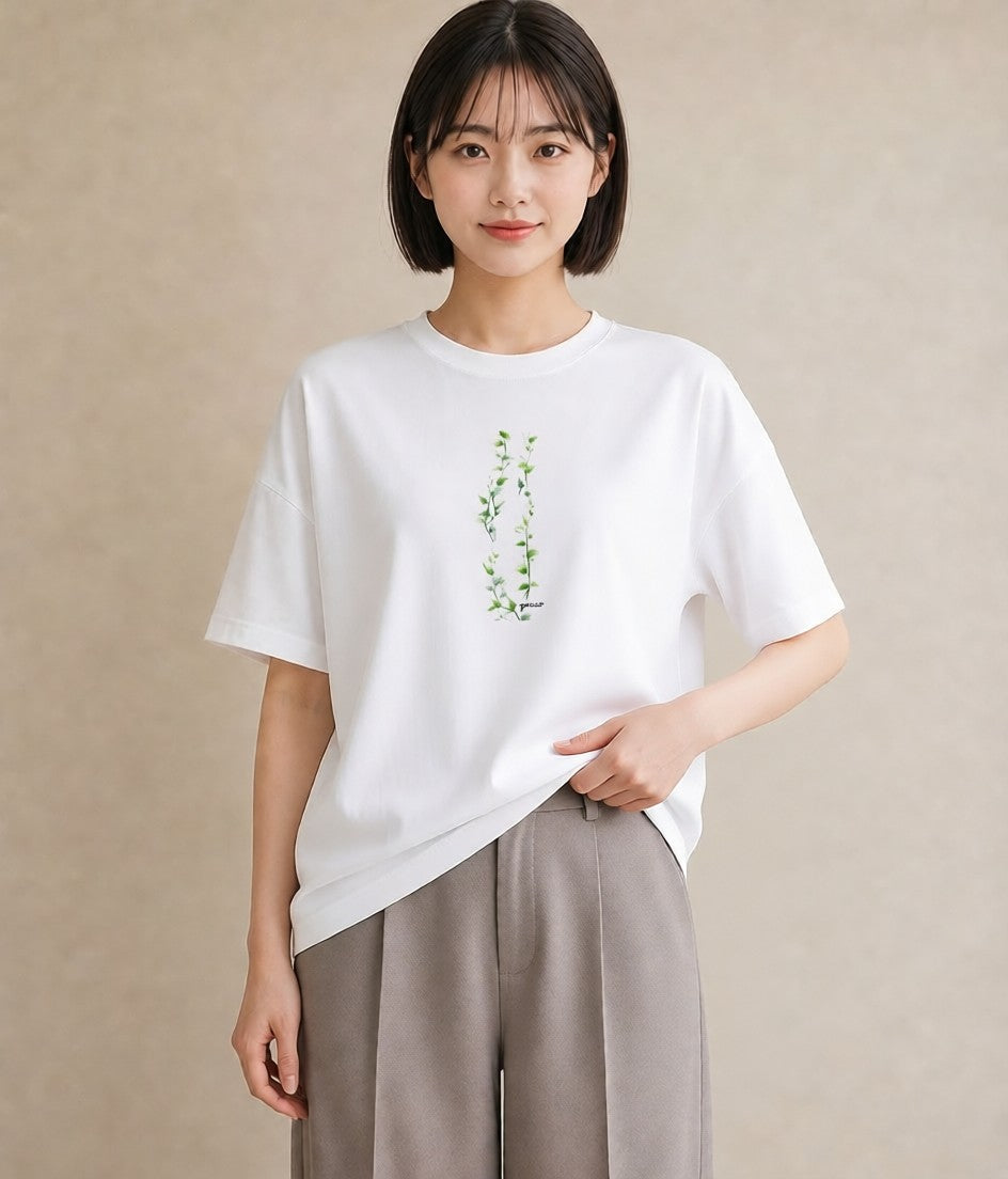 プリントTシャツ レディース 葉っぱ 植物 ボタニカル イラスト 韓国風 散歩 お出かけ 白T YMAZO