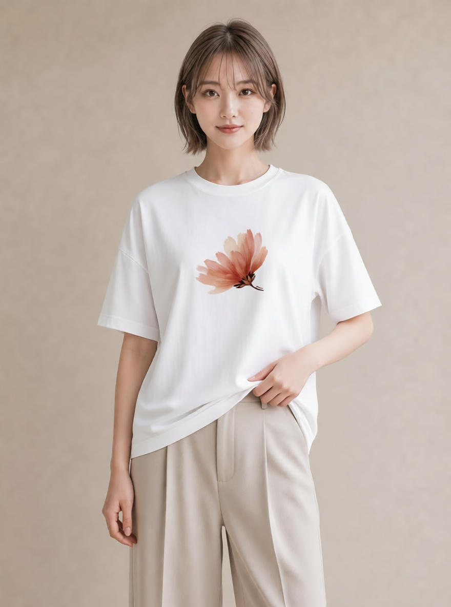 デザインTシャツ レディース コスモス 秋桜 花 花柄 イラスト ゆるかわ ミセス 春コーデ 白T YMAZO