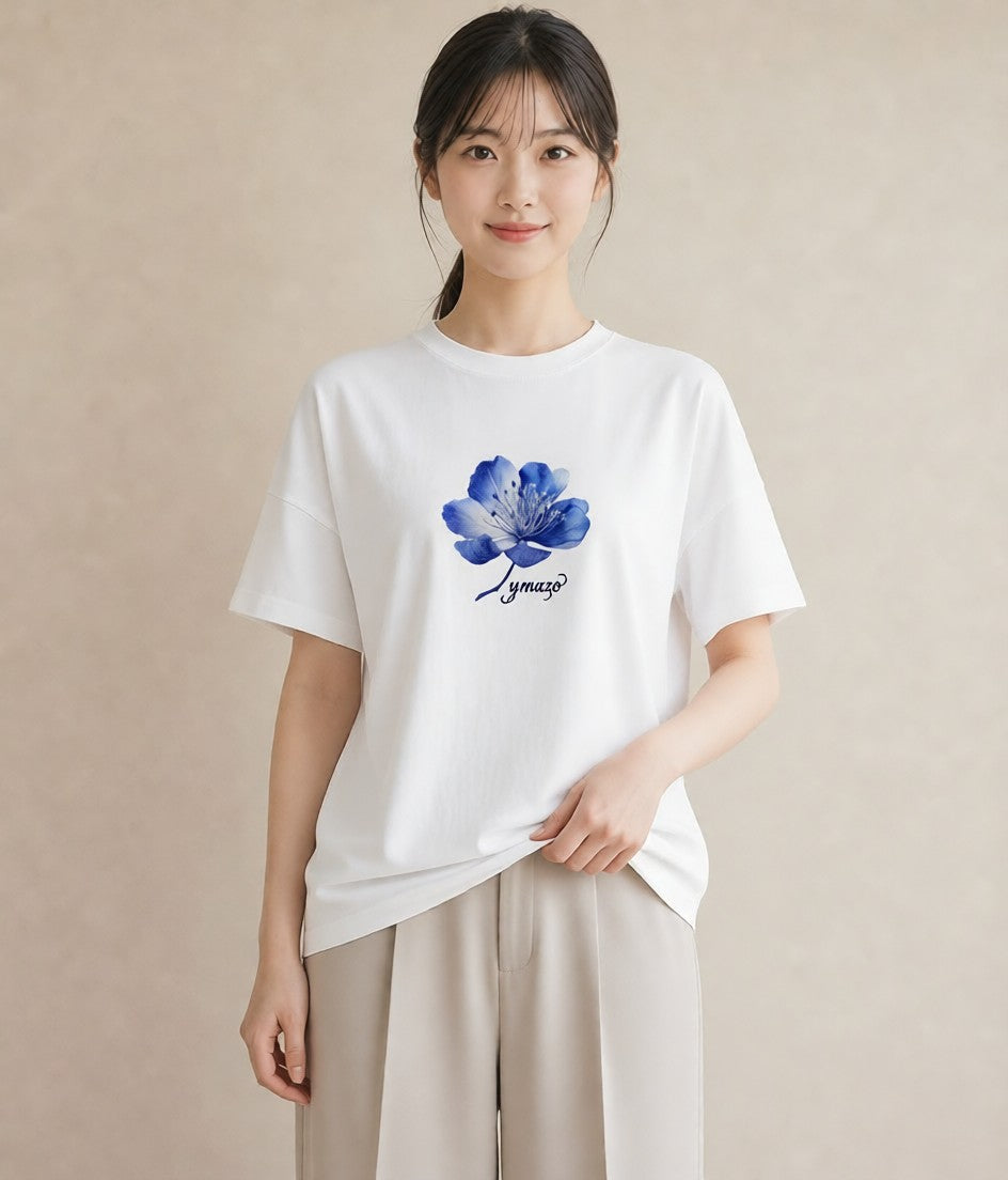 グラフィックTシャツ レディース あさがお 朝顔 花 花柄 イラスト きれいめカジュアル カジュアルコーデ 買い物 白T YMAZO
