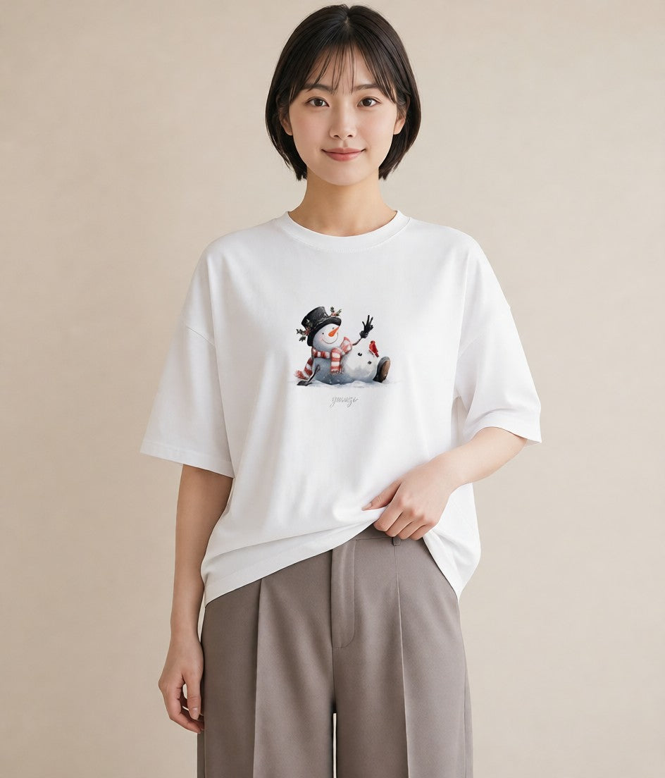 半袖Tシャツ レディース 雪 星空 宇宙 イラスト ゆるかわ 在宅 公園 白T YMAZO
