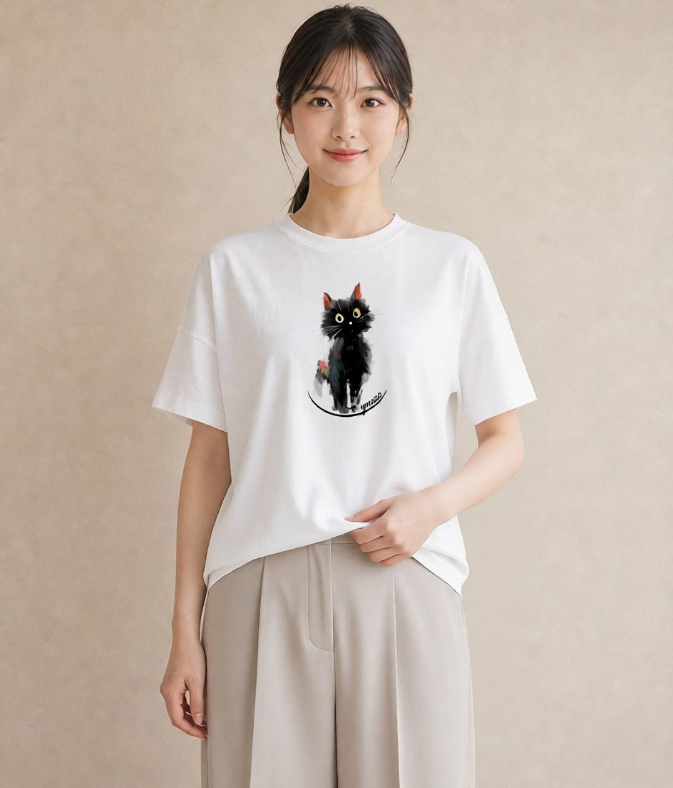 半袖Tシャツ レディース メインクーン 猫 ねこ イラスト 北欧風 休日 ペアコーデ 白T YMAZO