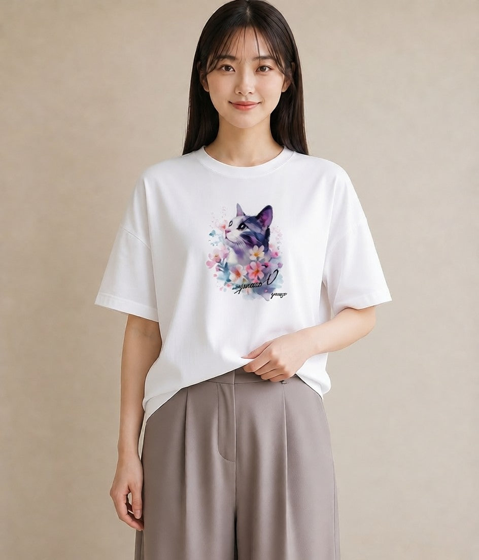 半袖Tシャツ レディース 三毛猫 みけねこ 三毛 猫 ねこ イラスト 旅行 母娘コーデ 白T YMAZO