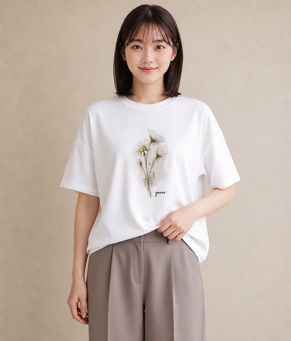 デザインTシャツ レディース マーガレット 花 花柄 イラスト 淡色 自分用 ルームウェア 白T