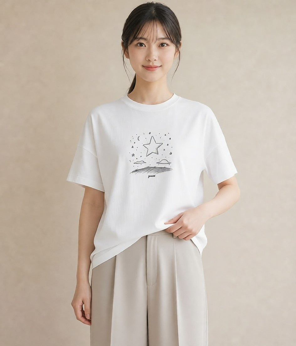 半袖Tシャツ レディース 月と星 星空 ムーン イラスト アート風 レイヤード 友達ギフト 白T YMAZO