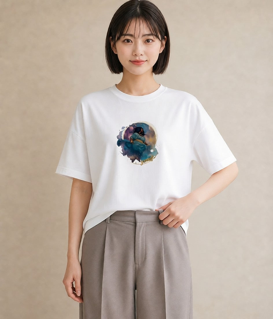 デザインTシャツ レディース 水瓶座 星空 宇宙 イラスト お洒落 カジュアルコーデ 買い物 白T YMAZO