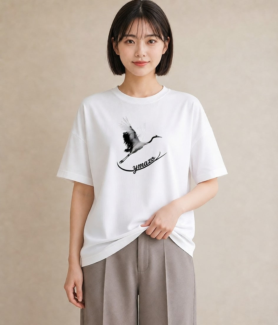 半袖Tシャツ レディース 折り鶴 折り紙 ナチュラル アンティーク イラスト こなれ感 ミセス 春コーデ 白T YMAZO