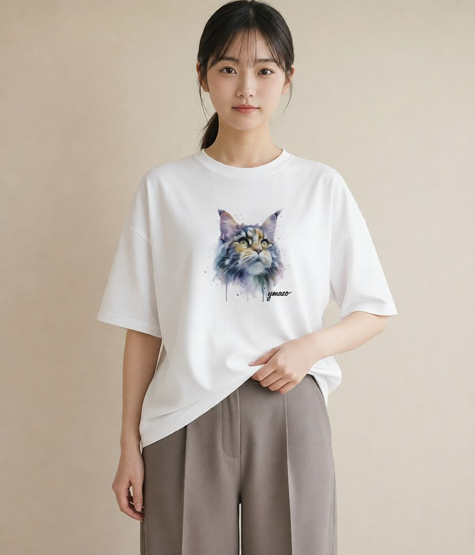 プリントTシャツ レディース サバトラ 猫 ねこ イラスト 北欧風 カフェ服 クリスマス 白T YMAZO
