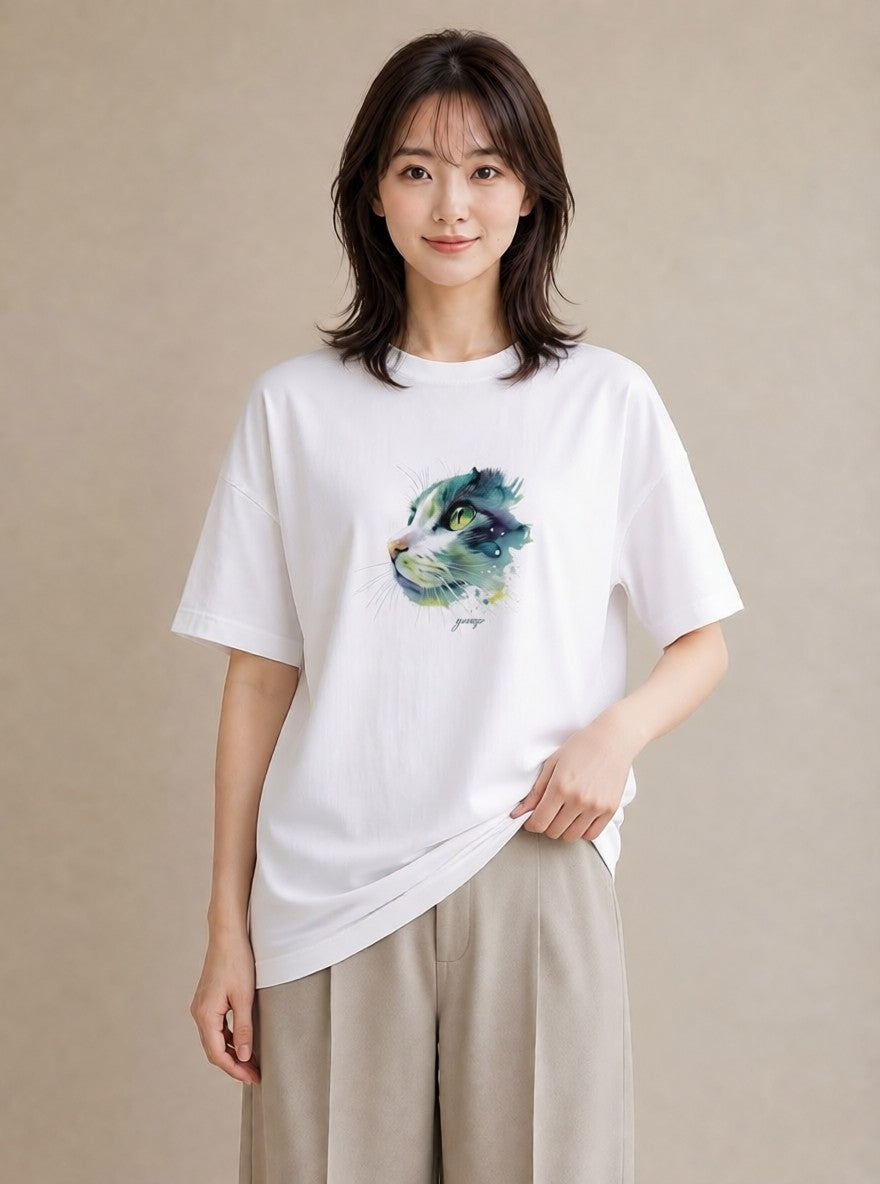 半袖Tシャツ レディース スコティッシュフォールド 猫 ねこ イラスト カフェコーデ 部屋着 女性向けギフト 白T YMAZO
