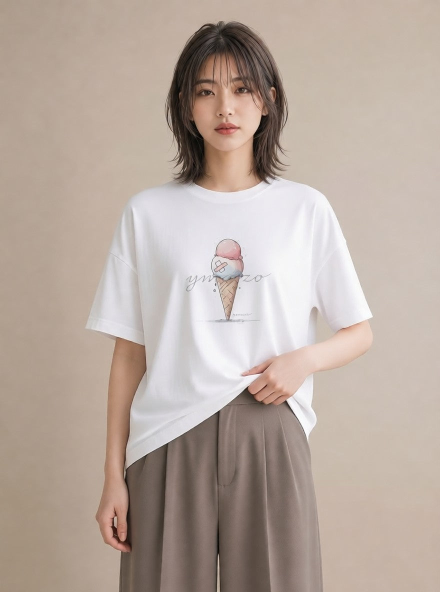Tシャツ レディース ソフトクリーム 食べ物 フード イラスト こなれ感 ギフト 母の日 白T YMAZO