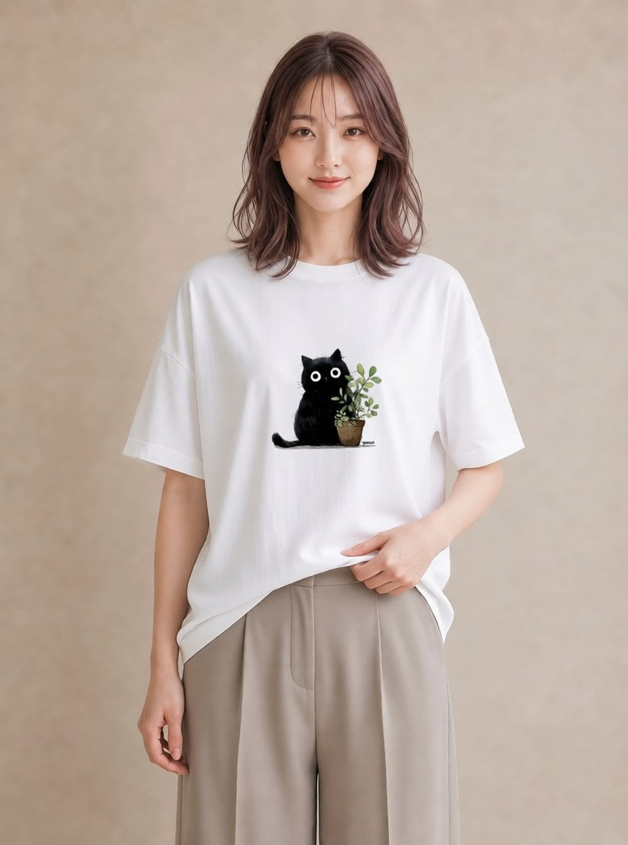 半袖Tシャツ レディース 黒猫 猫 ねこ イラスト 韓国風 普段着 週末コーデ 白T YMAZO