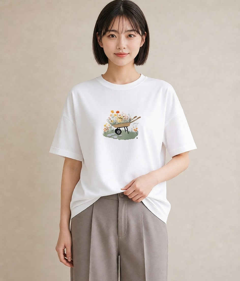 Tシャツ レディース 自転車のかご 自転車 花かご ナチュラル アンティーク イラスト 休日コーデ 綿100 デート 白T YMAZO