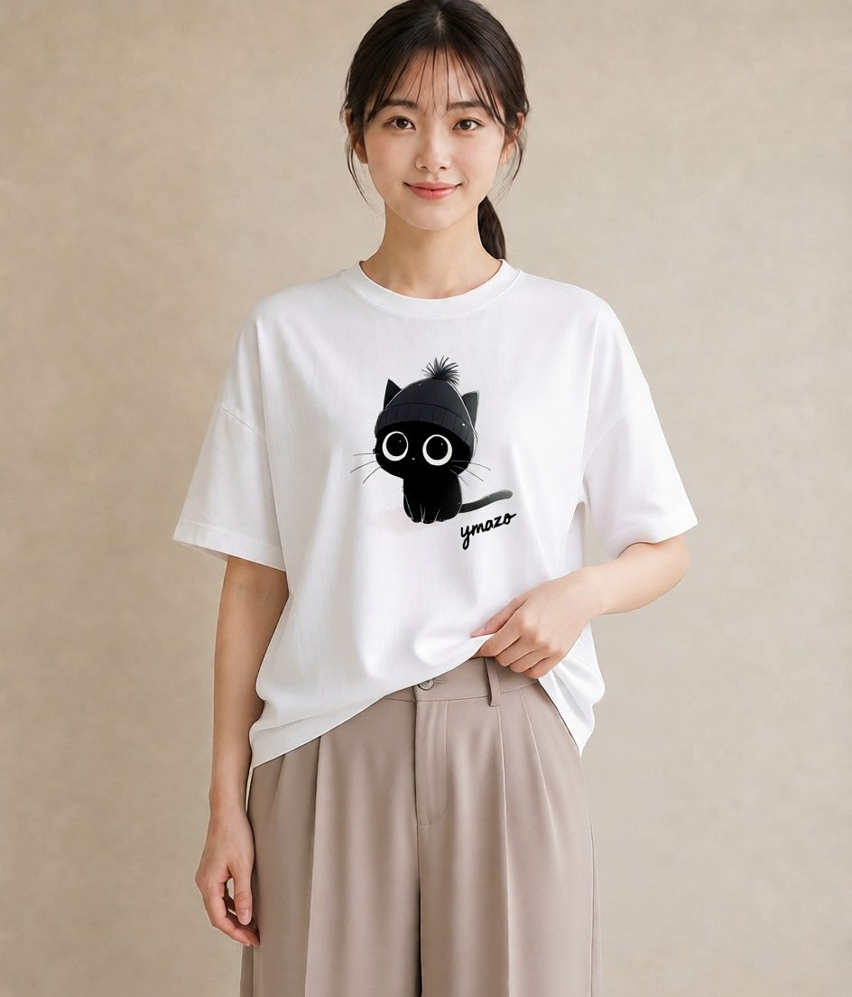 プリントTシャツ レディース 黒猫 猫 ねこ イラスト アート風 通勤 在宅 白T YMAZO