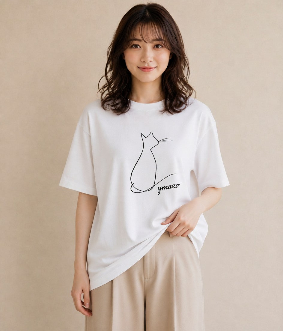 デザインTシャツ レディース 猫 ねこ ネコ イラスト ナチュラル 誕生日プレゼント 綿100 白T YMAZO