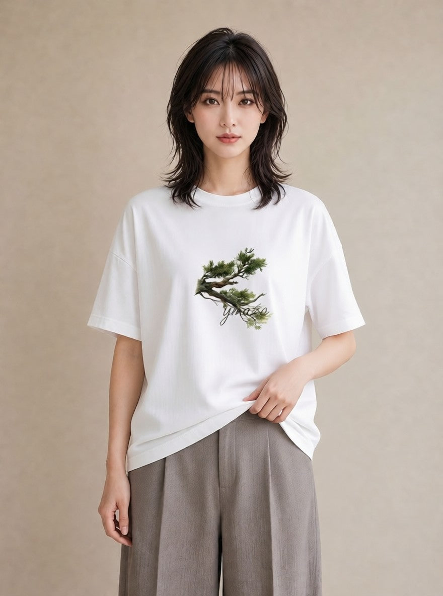 半袖Tシャツ レディース 盆栽 植物 ボタニカル イラスト 旅行コーデ ママ カフェ服 白T YMAZO