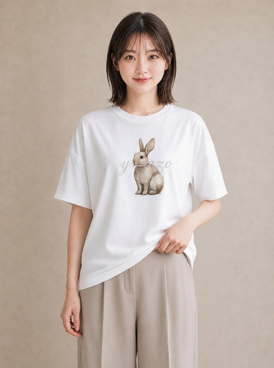デザインTシャツ レディース ウサギ系野生 動物 アニマル イラスト ナチュラル 誕生日プレゼント 綿100 白T YMAZO