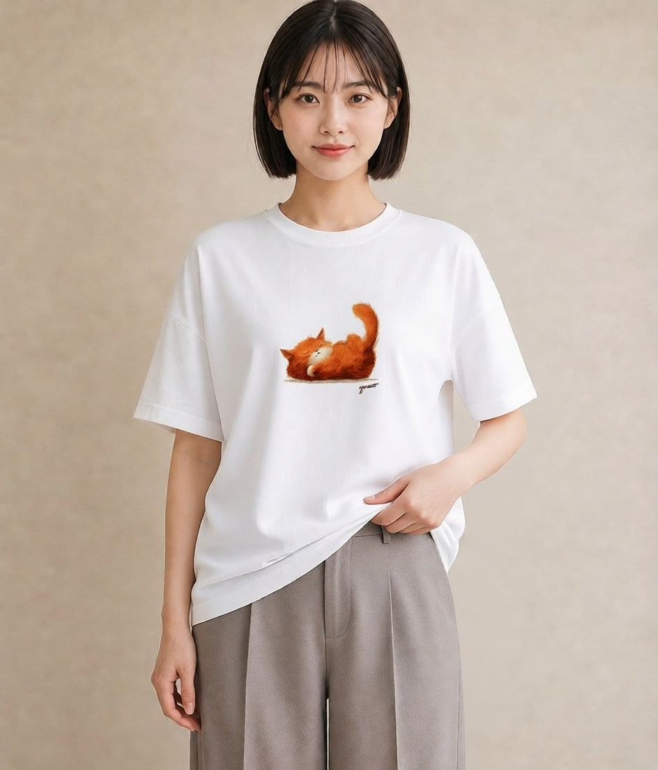 グラフィックTシャツ レディース 茶トラ 茶猫 猫 ねこ イラスト カフェ服 クリスマス 白T YMAZO