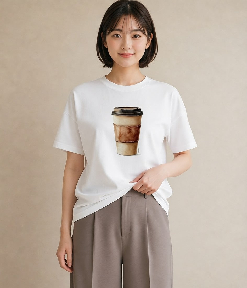 デザインTシャツ レディース カフェラテ 食べ物 フード イラスト 普段使い 通学 誕生日プレゼント 白T YMAZO