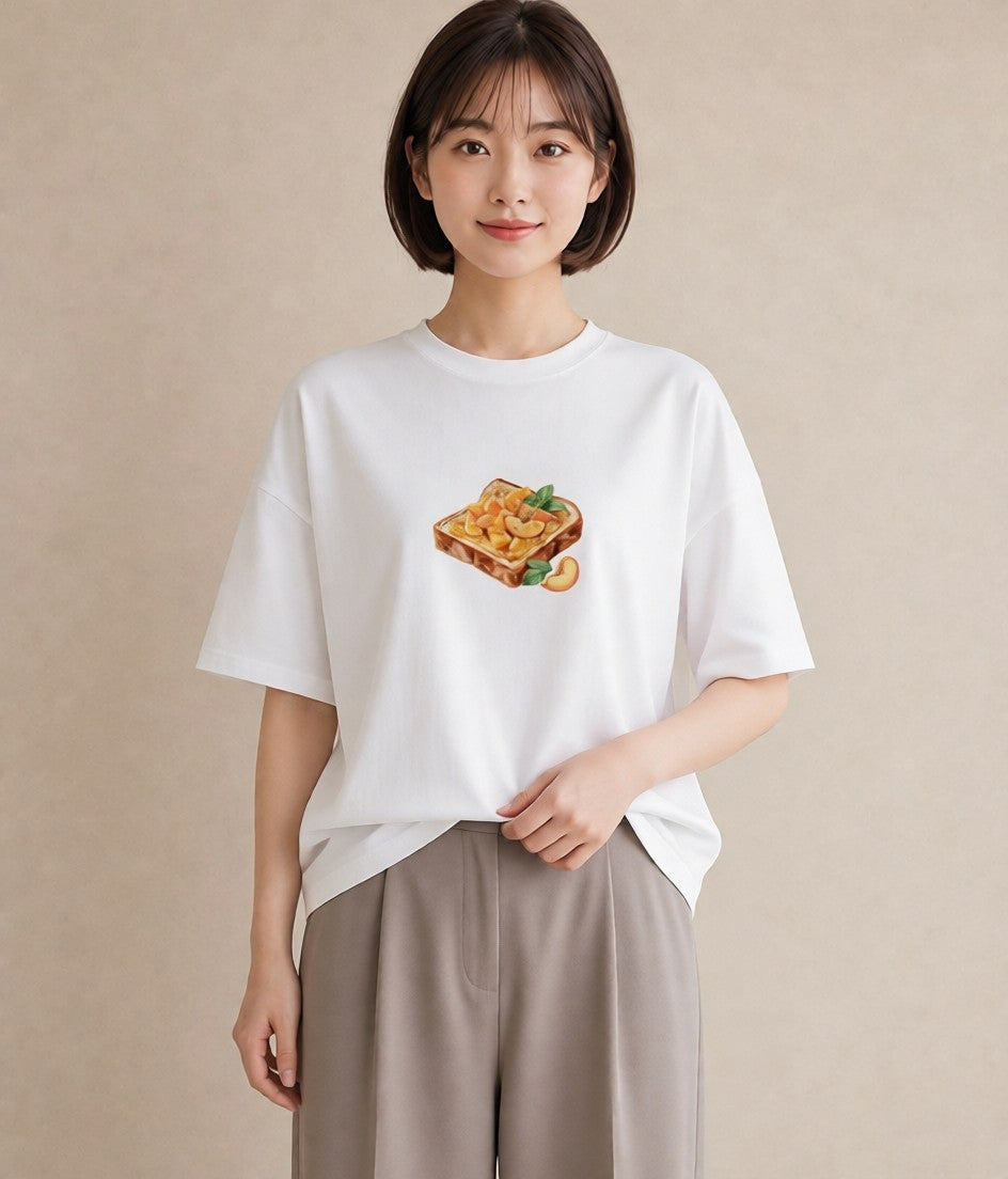 プリントTシャツ レディース もも 食べ物 フード イラスト ヴィンテージ風 お出かけ 普段着 白T YMAZO